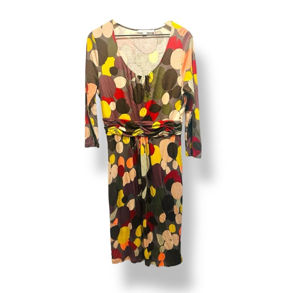 Boden Circle Print Womens Dress Sz 12 Ruched Waist 3/4 Sleeve Retro Mod Boho Art